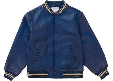 Supreme Worn Leather Varsity Jacket Blue