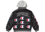Supreme Champion Hooded Satin Varsity Jacket Black